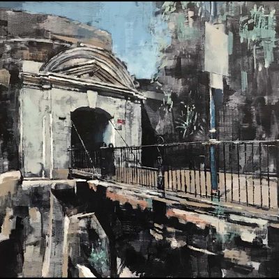 Landport Gate Bridge, Gibraltar Stamp Issue. Oils on 80x60cm board. SOLD