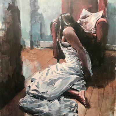 Figure Resting on Red Chair. Oils on 60x80cm board. POA