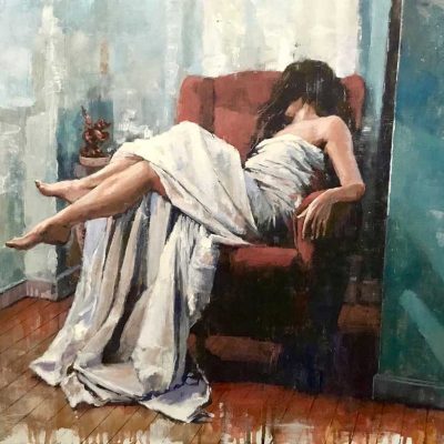Figure Study on Red Chair. Oils on 80x60cm board. POA
