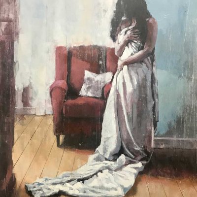 Figure in White Robe by Red Chair. Oils on 60x8cm board. POA